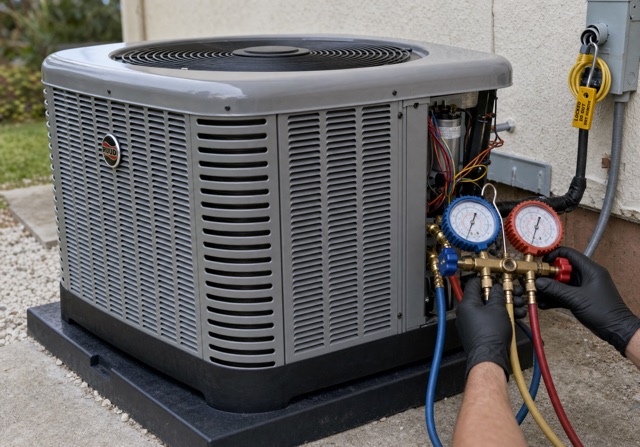 Ruud outdoor AC unit being diagnosed at a home
