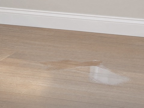 Small amount of water on an indoor floor near a baseboard