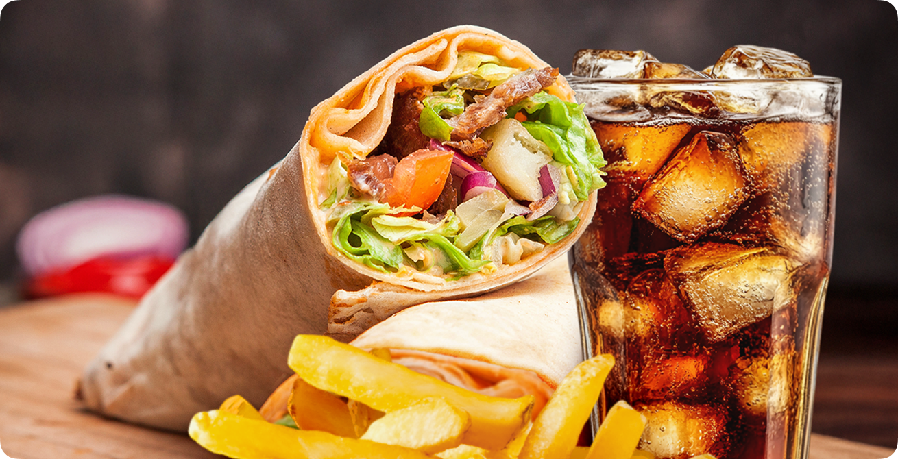 Chicken shawarma sandwich with fries and tea