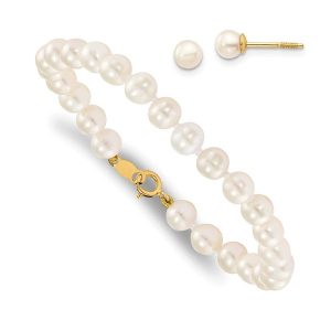 14K Madi K 4-5mm White Freshwater Cultured Pearl Bracelet and Earring Set