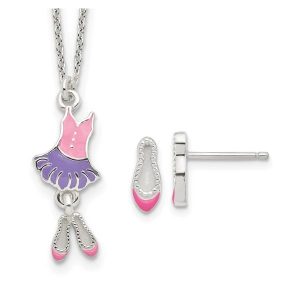Sterling Silver Polished Enameled Ballerina 14in Necklace and Earring Set