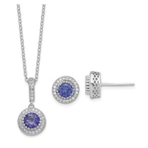 Sterling Silver Polished Rhodium-plated CZ 18in Necklace/Post Earrings Set